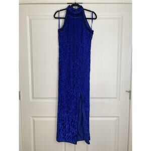 Vintage Laurence Kazar Column Gown Blue Sequin Silk Formal Dress Size Medium
